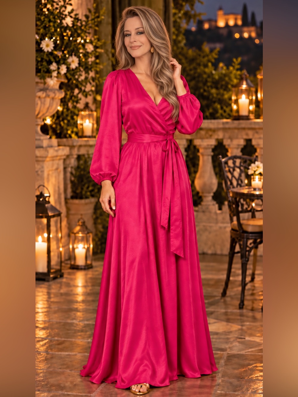 NWT Lulu’s Fuchsia Pink Satin Long-Sleeve Wrap Style Gown Dress Size Large